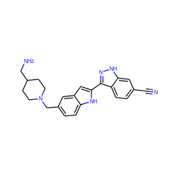 N#Cc1ccc2c(-c3cc4cc(CN5CCC(CN)CC5)ccc4[nH]3)n[nH]c2c1 ZINC000016052149