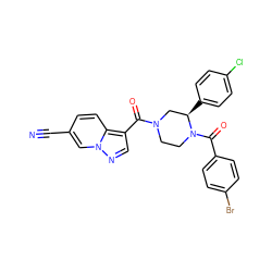 N#Cc1ccc2c(C(=O)N3CCN(C(=O)c4ccc(Br)cc4)[C@H](c4ccc(Cl)cc4)C3)cnn2c1 ZINC001772627817