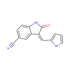 N#Cc1ccc2c(c1)/C(=C/c1ccc[nH]1)C(=O)N2 ZINC000014962840