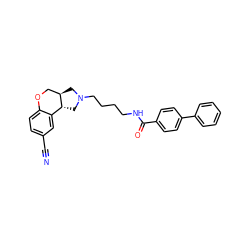 N#Cc1ccc2c(c1)[C@H]1CN(CCCCNC(=O)c3ccc(-c4ccccc4)cc3)C[C@@H]1CO2 ZINC000003941217