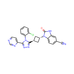 N#Cc1ccc2c(c1)[nH]c(=O)n2[C@H]1C[C@H](c2nnc(-c3ccncn3)n2-c2ccccc2Cl)C1 ZINC001772577052