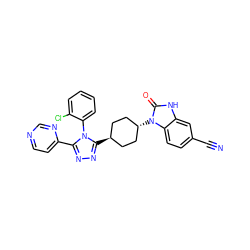 N#Cc1ccc2c(c1)[nH]c(=O)n2[C@H]1CC[C@H](c2nnc(-c3ccncn3)n2-c2ccccc2Cl)CC1 ZINC001772632246