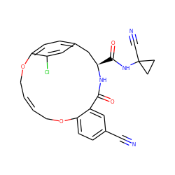 N#Cc1ccc2c(c1)C(=O)N[C@H](C(=O)NC1(C#N)CC1)Cc1ccc(c(Cl)c1)OC/C=C/CO2 ZINC000205121314