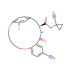 N#Cc1ccc2c(c1)C(=O)N[C@H](C(=O)NC1(C#N)CC1)Cc1ccc(c(Cl)c1)OCCCCO2 ZINC000205125918