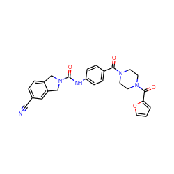 N#Cc1ccc2c(c1)CN(C(=O)Nc1ccc(C(=O)N3CCN(C(=O)c4ccco4)CC3)cc1)C2 ZINC000166720884