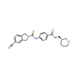 N#Cc1ccc2c(c1)CN(C(=O)Nc1ccc(C(=O)NC[C@@H]3CCCOC3)cc1)C2 ZINC000166659827