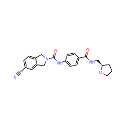 N#Cc1ccc2c(c1)CN(C(=O)Nc1ccc(C(=O)NC[C@H]3CCCO3)cc1)C2 ZINC000166717807