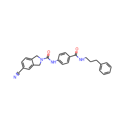 N#Cc1ccc2c(c1)CN(C(=O)Nc1ccc(C(=O)NCCCc3ccccc3)cc1)C2 ZINC000166603071