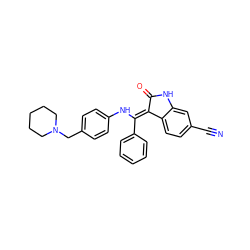 N#Cc1ccc2c(c1)NC(=O)/C2=C(\Nc1ccc(CN2CCCCC2)cc1)c1ccccc1 ZINC000040979696