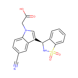 N#Cc1ccc2c(c1)c([C@@H]1NS(=O)(=O)c3ccccc31)cn2CC(=O)O ZINC000049115962