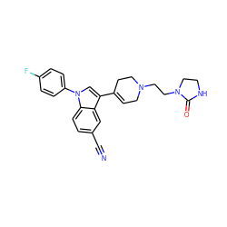 N#Cc1ccc2c(c1)c(C1=CCN(CCN3CCNC3=O)CC1)cn2-c1ccc(F)cc1 ZINC000013452436