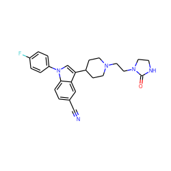 N#Cc1ccc2c(c1)c(C1CCN(CCN3CCNC3=O)CC1)cn2-c1ccc(F)cc1 ZINC000013452476