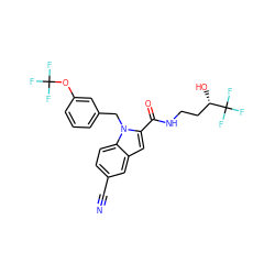 N#Cc1ccc2c(c1)cc(C(=O)NCC[C@H](O)C(F)(F)F)n2Cc1cccc(OC(F)(F)F)c1 ZINC000071296999