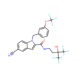 N#Cc1ccc2c(c1)cc(C(=O)NCCC(O)(C(F)(F)F)C(F)(F)F)n2Cc1cccc(OC(F)(F)F)c1 ZINC000071318522