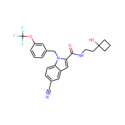 N#Cc1ccc2c(c1)cc(C(=O)NCCC1(O)CCC1)n2Cc1cccc(OC(F)(F)F)c1 ZINC000071316419