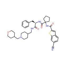 N#Cc1ccc2cc(C(=O)NC3(C(=O)N[C@H](Cc4ccccc4)C(=O)NCC4CCN(CC5CCOCC5)CC4)CCCC3)sc2c1 ZINC000028711708