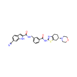 N#Cc1ccc2cc(C(=O)NCc3cccc(C(=O)Nc4nc5c(s4)C[C@@H](N4CCOCC4)CC5)c3)[nH]c2c1 ZINC000167971802
