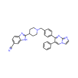 N#Cc1ccc2nc(C3CCN(Cc4ccc(-c5nc6nccn6cc5-c5ccccc5)cc4)CC3)[nH]c2c1 ZINC000167157382