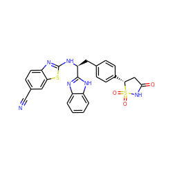 N#Cc1ccc2nc(N[C@@H](Cc3ccc([C@@H]4CC(=O)NS4(=O)=O)cc3)c3nc4ccccc4[nH]3)sc2c1 ZINC000014955234