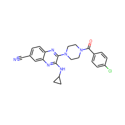 N#Cc1ccc2nc(N3CCN(C(=O)c4ccc(Cl)cc4)CC3)c(NC3CC3)nc2c1 ZINC000144378319