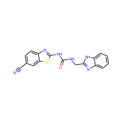 N#Cc1ccc2nc(NC(=O)NCc3nc4ccccc4[nH]3)sc2c1 ZINC000028864073