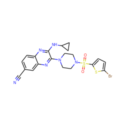 N#Cc1ccc2nc(NC3CC3)c(N3CCN(S(=O)(=O)c4ccc(Br)s4)CC3)nc2c1 ZINC000144499463