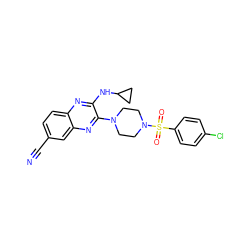 N#Cc1ccc2nc(NC3CC3)c(N3CCN(S(=O)(=O)c4ccc(Cl)cc4)CC3)nc2c1 ZINC000144464256