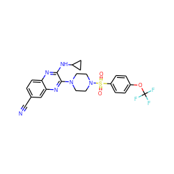 N#Cc1ccc2nc(NC3CC3)c(N3CCN(S(=O)(=O)c4ccc(OC(F)(F)F)cc4)CC3)nc2c1 ZINC000144324198