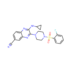 N#Cc1ccc2nc(NC3CC3)c(N3CCN(S(=O)(=O)c4ccccc4F)CC3)nc2c1 ZINC000144550729