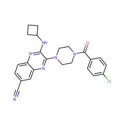 N#Cc1ccc2nc(NC3CCC3)c(N3CCN(C(=O)c4ccc(Cl)cc4)CC3)nc2c1 ZINC000144268229