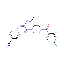 N#Cc1ccc2nc(NCCF)c(N3CCN(C(=O)c4ccc(Cl)cc4)CC3)nc2c1 ZINC000144733296