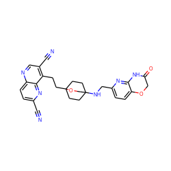 N#Cc1ccc2ncc(C#N)c(CCC34CCC(NCc5ccc6c(n5)NC(=O)CO6)(CC3)CO4)c2n1 ZINC000149260155