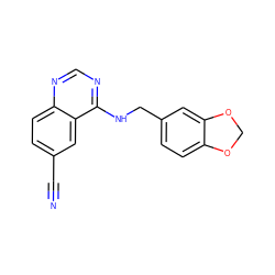 N#Cc1ccc2ncnc(NCc3ccc4c(c3)OCO4)c2c1 ZINC000013737676