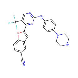 N#Cc1ccc2oc(-c3nc(Nc4ccc(N5CCNCC5)cc4)ncc3C(F)(F)F)cc2c1 ZINC001772616444