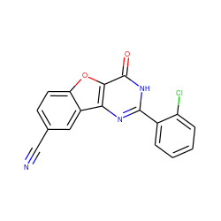 N#Cc1ccc2oc3c(=O)[nH]c(-c4ccccc4Cl)nc3c2c1 ZINC000084705920