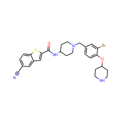 N#Cc1ccc2sc(C(=O)NC3CCN(Cc4ccc(OC5CCNCC5)c(Br)c4)CC3)cc2c1 ZINC001772628918