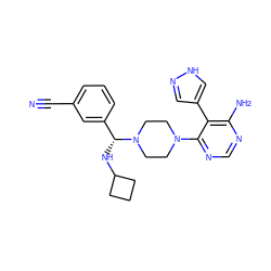 N#Cc1cccc([C@@H](NC2CCC2)N2CCN(c3ncnc(N)c3-c3cn[nH]c3)CC2)c1 ZINC001772585420