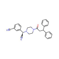 N#Cc1cccc([C@H](C#N)N2CCN(C(=O)CC(c3ccccc3)c3ccccc3)CC2)c1 ZINC000013729164