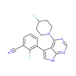 N#Cc1cccc(-c2c[nH]c3ncnc(N4CCC(F)CC4)c23)c1F ZINC000224873659