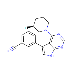 N#Cc1cccc(-c2c[nH]c3ncnc(N4CCC[C@H](F)C4)c23)c1 ZINC000210720323