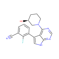 N#Cc1cccc(-c2c[nH]c3ncnc(N4CCC[C@H](O)C4)c23)c1F ZINC000224885340