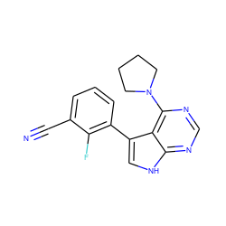 N#Cc1cccc(-c2c[nH]c3ncnc(N4CCCC4)c23)c1F ZINC000224855899