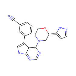 N#Cc1cccc(-c2c[nH]c3ncnc(N4CCO[C@H](c5ccn[nH]5)C4)c23)c1 ZINC000210759067