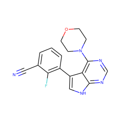 N#Cc1cccc(-c2c[nH]c3ncnc(N4CCOCC4)c23)c1F ZINC000210703417