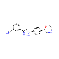 N#Cc1cccc(-c2cc(-c3ccc([C@@H]4CNCCO4)cc3)[nH]n2)c1 ZINC000205114506