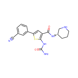 N#Cc1cccc(-c2cc(C(=O)N[C@H]3CCCNC3)c(NC(N)=O)s2)c1 ZINC000084708808