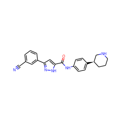 N#Cc1cccc(-c2cc(C(=O)Nc3ccc([C@@H]4CCCNC4)cc3)[nH]n2)c1 ZINC000150128438