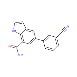 N#Cc1cccc(-c2cc(C(N)=O)c3[nH]ccc3c2)c1 ZINC000071296915