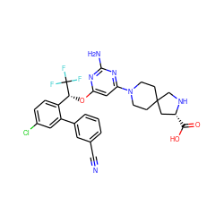 N#Cc1cccc(-c2cc(Cl)ccc2[C@@H](Oc2cc(N3CCC4(CC3)CN[C@H](C(=O)O)C4)nc(N)n2)C(F)(F)F)c1 ZINC001772590816