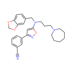 N#Cc1cccc(-c2cc(N(CCCN3CCCCCC3)Cc3ccc4c(c3)OCO4)on2)c1 ZINC000013437520